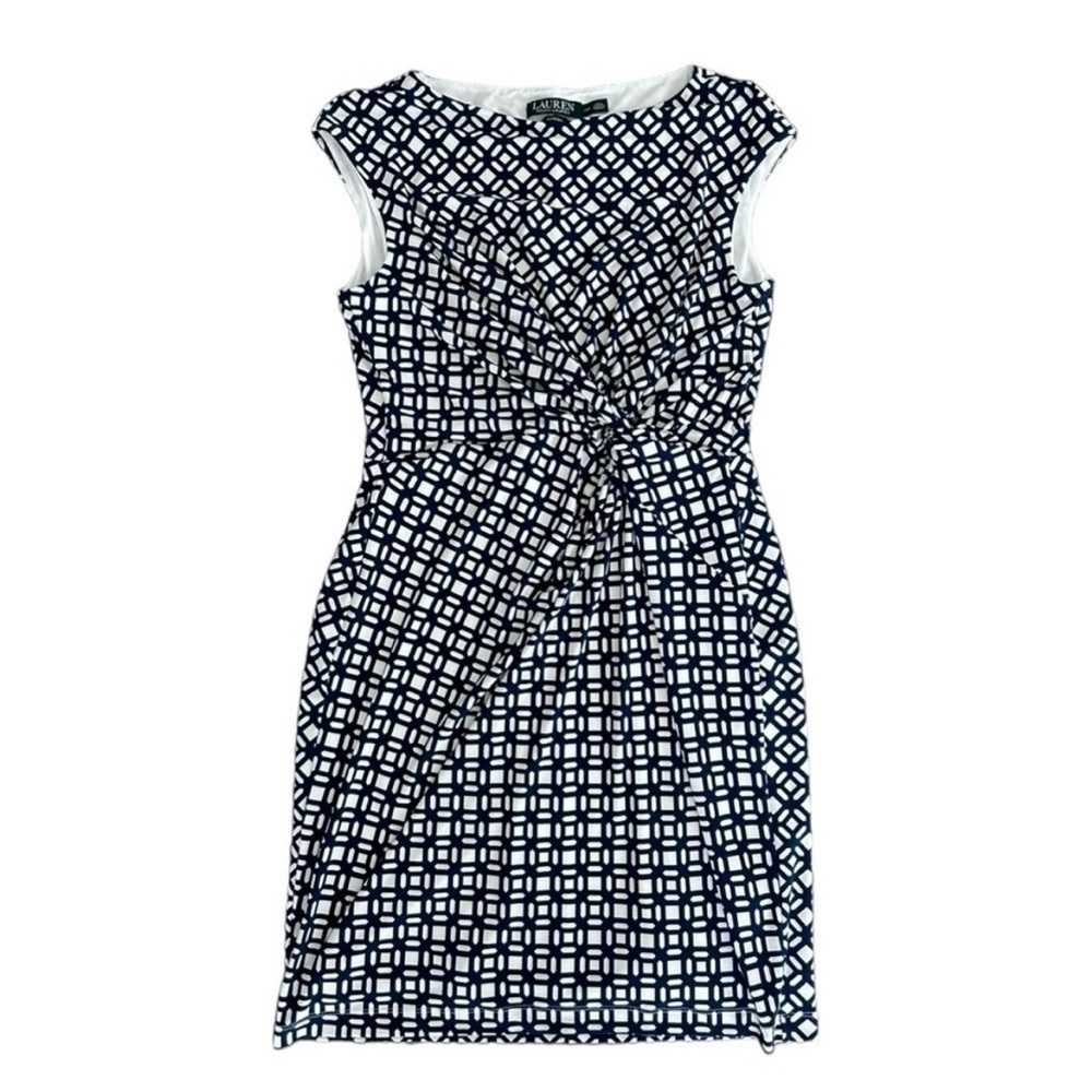 LAUREN RALPH LAUREN Black White Geometric Ruched Sheath Dress SZ: 8